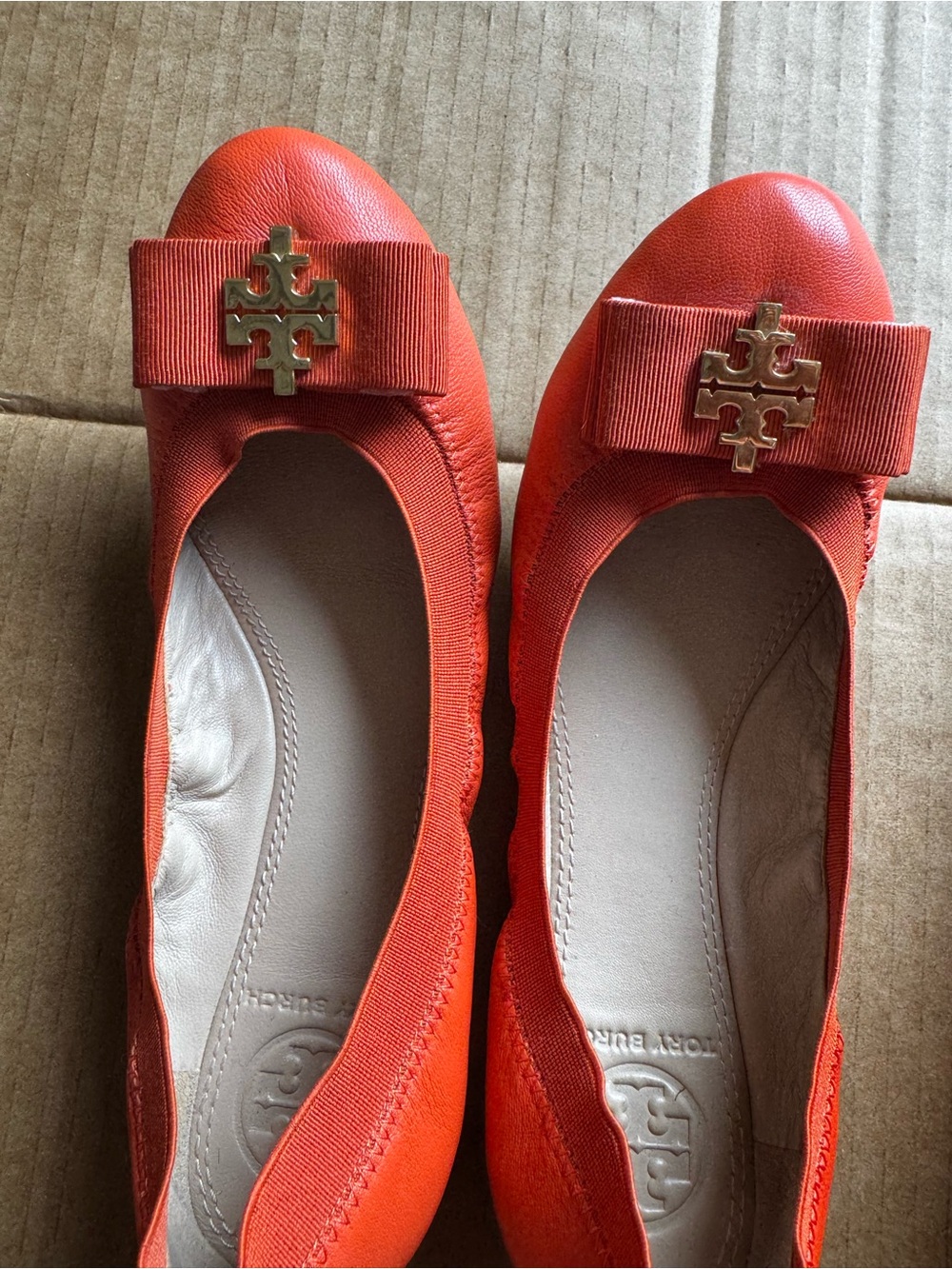 Tory Burch Bright Orange Bow Logo Ballet Flats